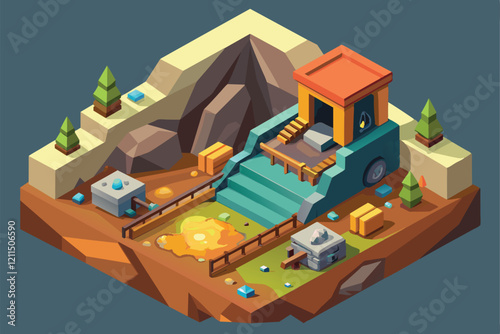 Isometric illustration of a hidden mining site with tools, rocks, and trees in a detailed terrain Hidden mining Customizable Isometric Illustration
