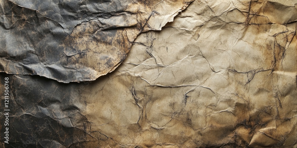 Fototapeta premium Aged crumpled paper textured background featuring dark browns and light tans with prominent creases and folds in a layered arrangement