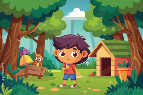 A cheerful child plays hide and seek in a vibrant forest surrounded by trees and a small cabin Hide and seek game Customizable Cartoon Illustration