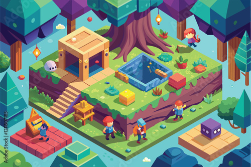 Kids are engaged in a lively game of hide and seek in a colorful forest setting Hide and seek game Customizable Isometric Illustration