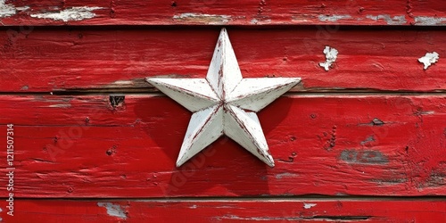 White five-pointed star on a weathered red wooden background with peeling paint, centered slightly above midline, showcasing rustic charm. photo