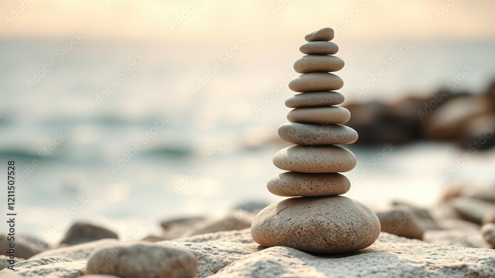 Fototapeta premium Tranquil Ocean Cairn, Peaceful Wellness