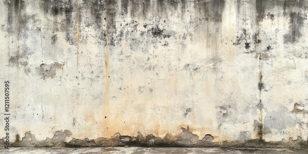 Weathered concrete wall with prominent stains and leaks in beige and gray tones, featuring a rough textured surface and uneven patterns.