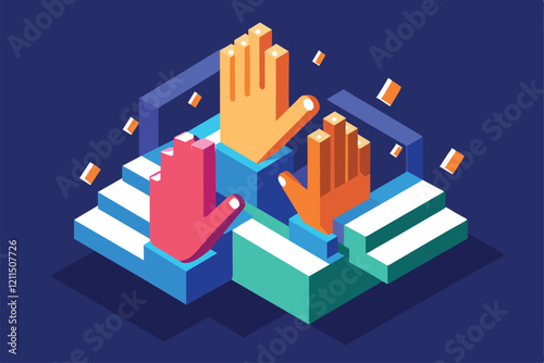 Hands are raised in a high five gesture, symbolizing collaboration and positivity in a dynamic setting High five hands Customizable Isometric Illustration