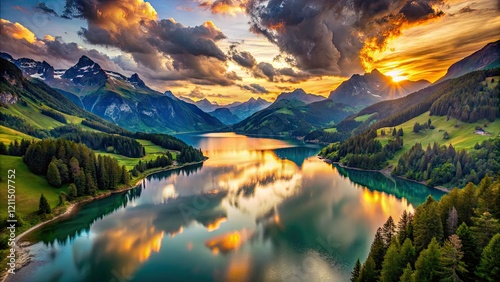 Breathtaking aerial long exposure: Lac des Vaux, Swiss Alps. Mountain lake landscape awes. photo