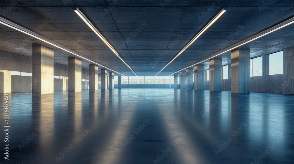 Fototapeta premium Modern empty car garage, harsh overhead lighting casting sharp shadows across the high ceiling