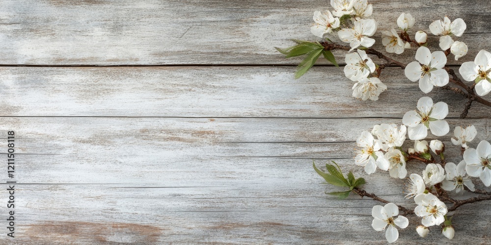 Floral branch with white blossoms resting on rustic wooden planks with soft gray and brown tones creating a serene natural backdrop Floral branch with white blossoms resting on rustic wooden planks with soft gray and brown tones creating a serene natural backdrop
