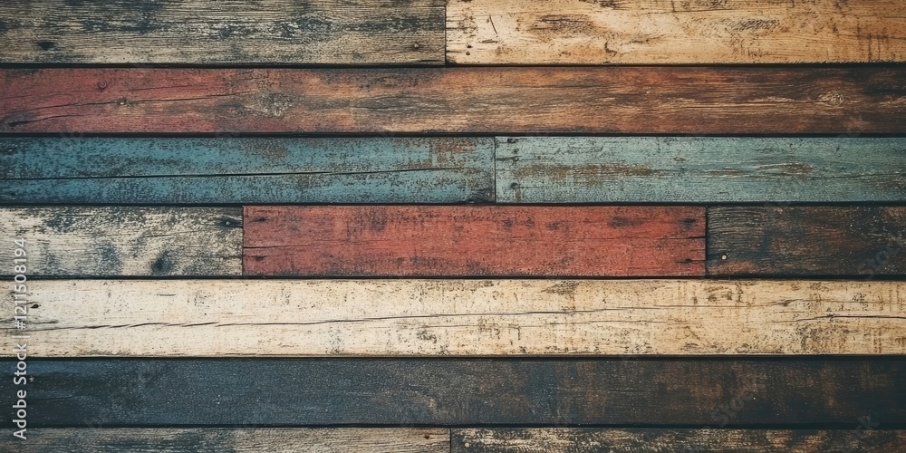 Naklejka premium Colorful wooden plank wallpaper featuring a mix of red, blue, white, and brown planks set against a rustic light background in a horizontal layout.
