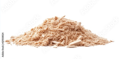 Light brown wood sawdust pile on white background, fine shavings scattered, showcasing texture and grain patterns in natural light.