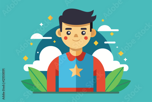 This character radiates self-confidence with a cheerful expression against a vibrant nature backdrop High self-esteem Customizable Flat Illustration