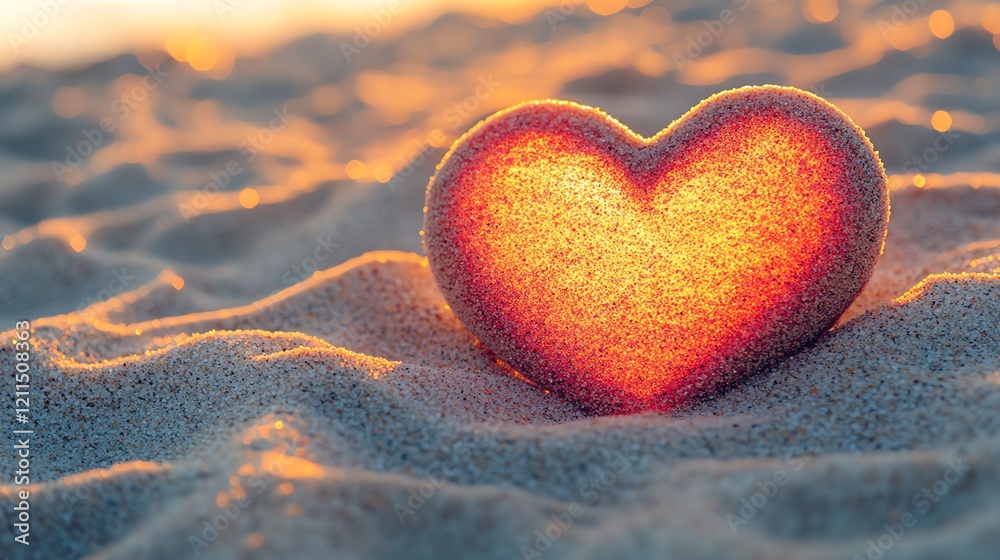 Obraz premium Heart-shaped rock on beach sand at sunset.
