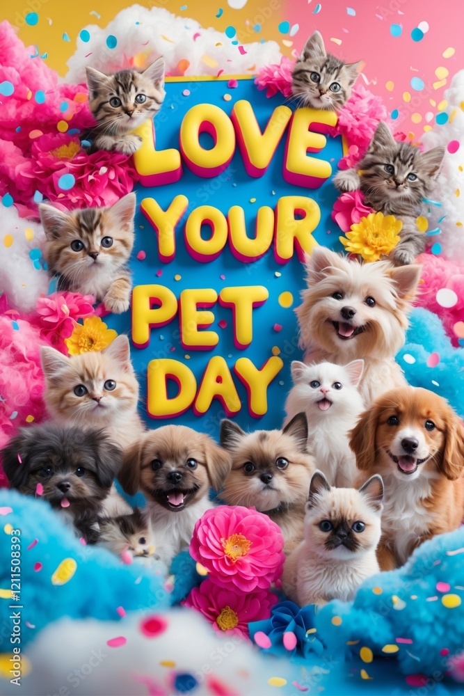 Fototapeta premium Celebration of love pet day illustration poster design with colorful theme and 3d text