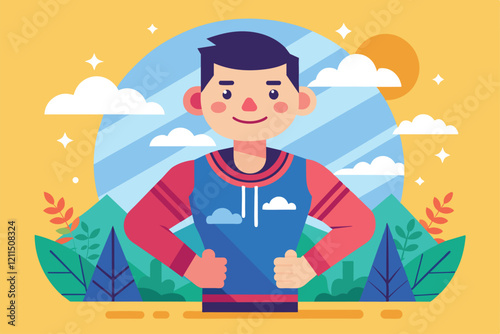 A young man proudly showcases his self-esteem against a vibrant nature backdrop High self-esteem Customizable Semi Flat Illustration
