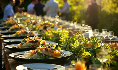 Elegant Outdoor Dinner Party: Sunlit Table Setting with Delicious Food