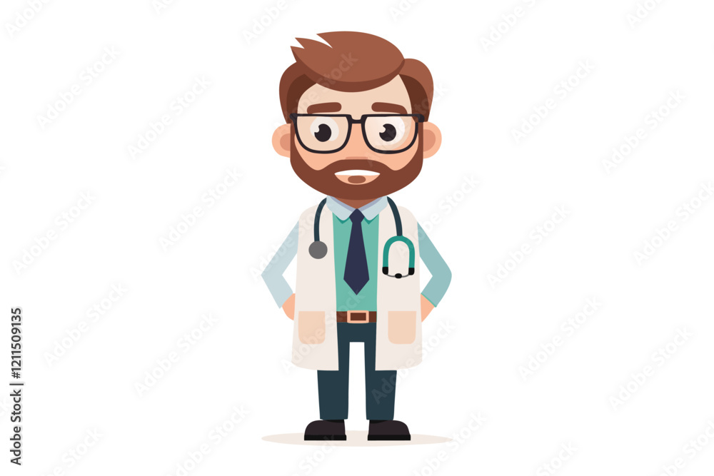 A friendly hipster doctor character poses in a lab coat with a stethoscope, promoting health and wellness Hipster doctor cartoon character. isolated white background A friendly hipster doctor character poses in a lab coat with a stethoscope, promoting health and wellness Hipster doctor cartoon character. isolated white background
