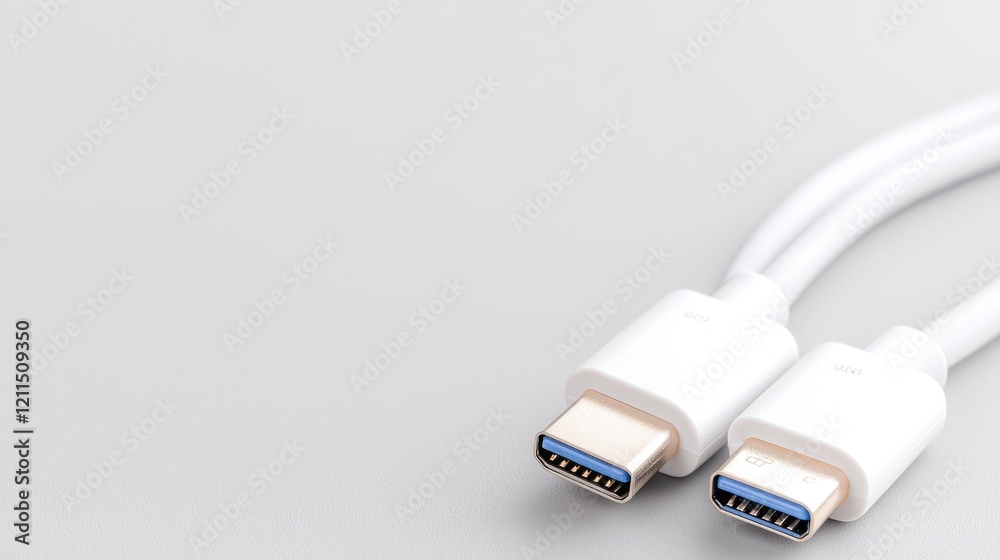 Fototapeta premium White USB-C cables on grey background, technology product shot, website banner