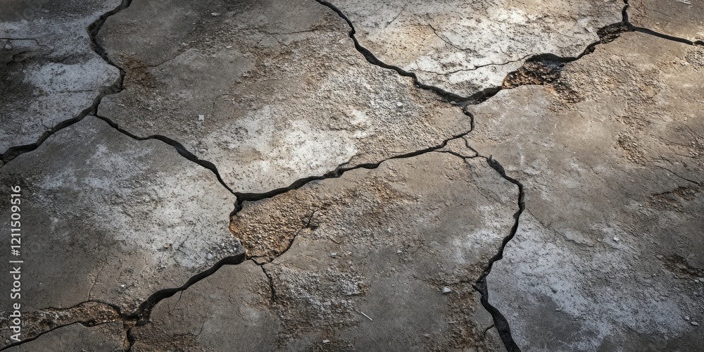 Fototapeta premium Weathered grey cement floor with visible cracks and imperfections illuminated by soft light showcasing a rugged texture and earthy tones.