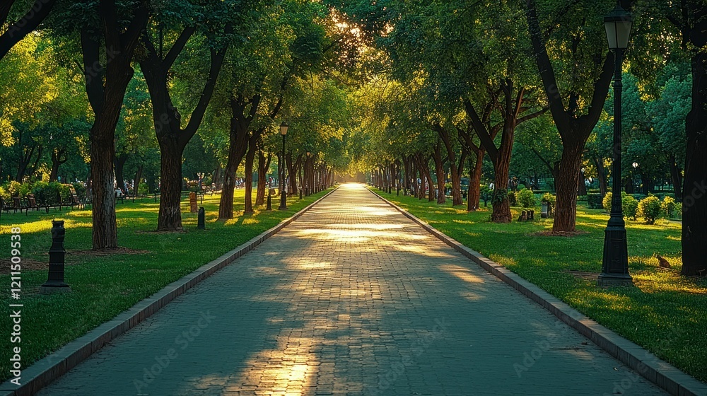 Fototapeta premium Serene Sunset Stroll: A Picturesque Pathway Through Lush Greenery