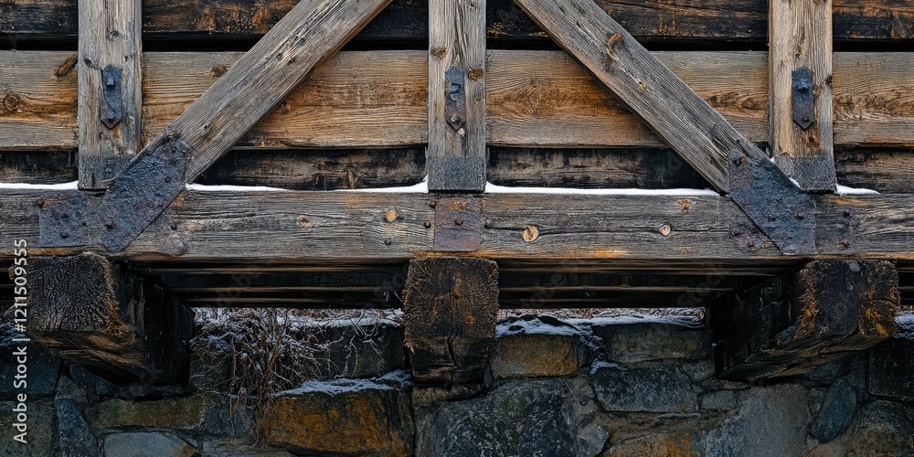 Weathered wooden bridge support structure with rugged textures in brown and gray tones, featuring robust beams and a stone base in lower section. Weathered wooden bridge support structure with rugged textures in brown and gray tones, featuring robust beams and a stone base in lower section.
