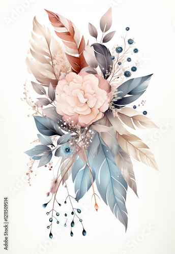 Boho dream catcher design with soft floral and leaf elements in pastel colors