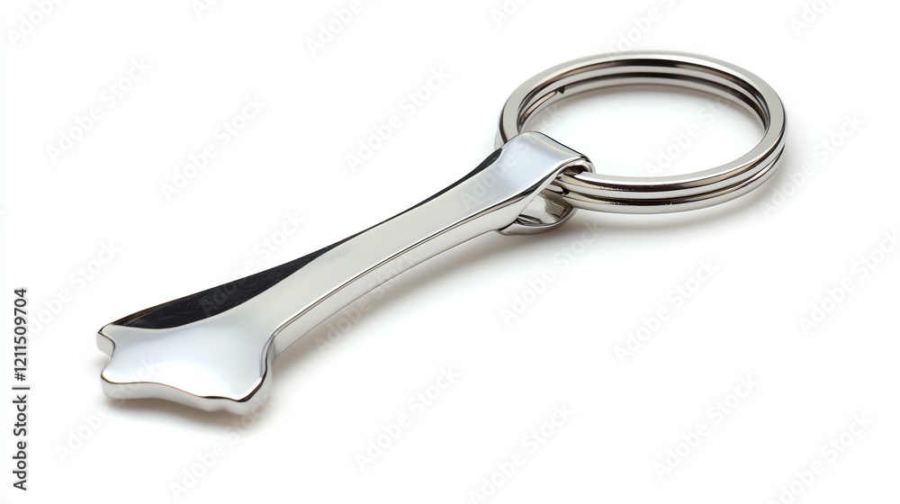 Stylish metal keychain shaped like a dog bone, isolated on a white background. Stylish metal keychain shaped like a dog bone, isolated on a white background.