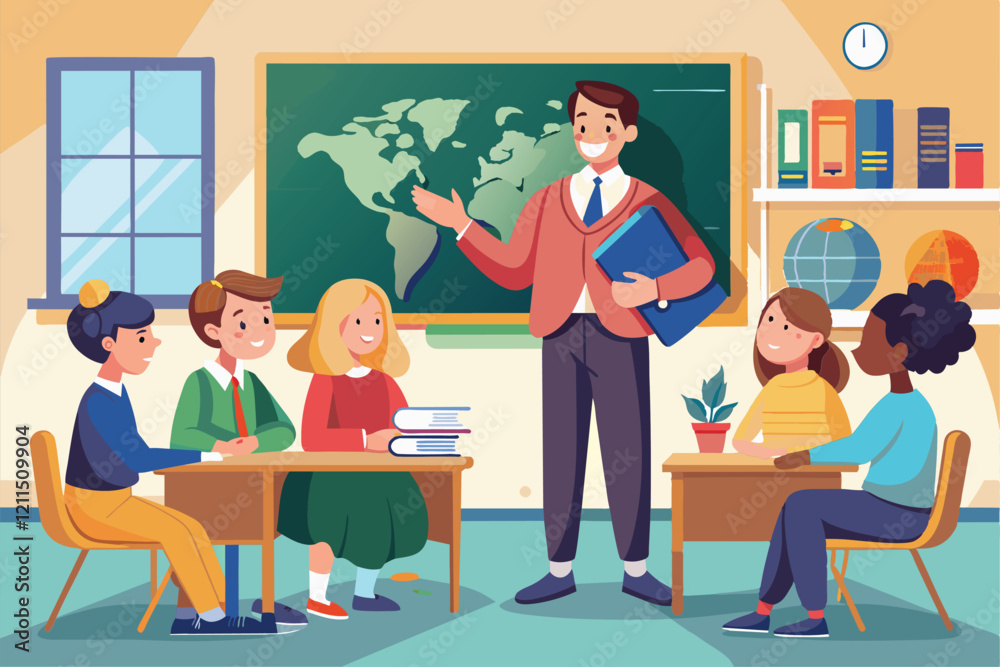A history teacher presents engaging content to enthusiastic students seated at their desks History teacher presentation in class A history teacher presents engaging content to enthusiastic students seated at their desks History teacher presentation in class