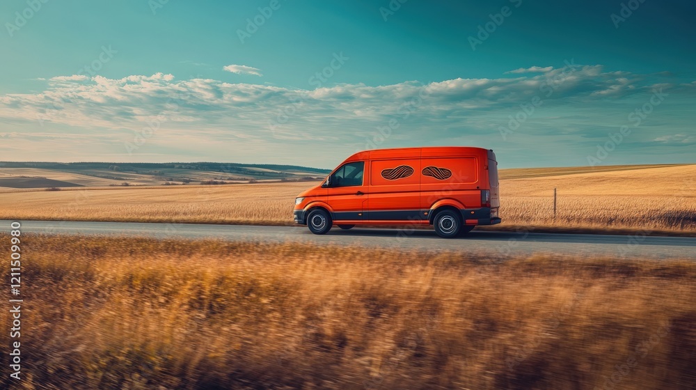 Bright orange van speeds through rural fields with bread loaf designs Bright orange van speeds through rural fields with bread loaf designs