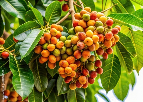 Close-up studio shot reveals Sterculia quadrifida's vibrant leaves and unique, clustered fruits. photo