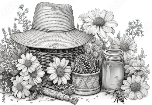 Sketch of a garden scene with honey, flowers, and beekeeping supplies