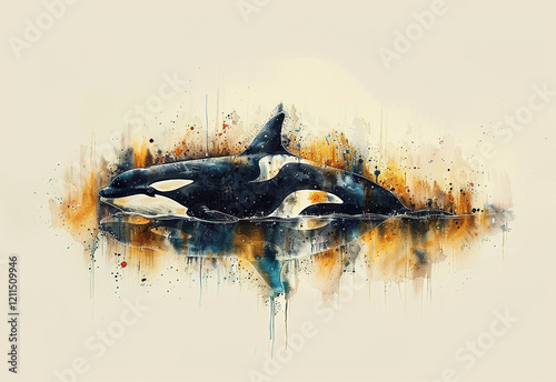 Killer whale swimming gracefully in a vibrant watercolor style