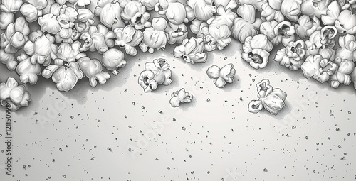 Black and white illustration of popcorn scattered across a light surface in a playful arrangement