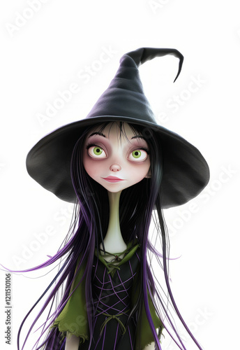 Charming witch with long hair and a wide-brimmed hat in a whimsical style