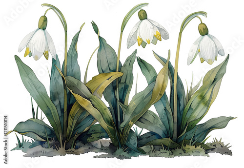 Snowdrop flowers in watercolor showcasing delicate petals and vibrant green leaves