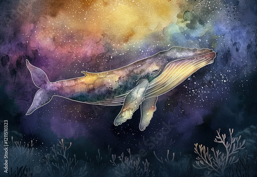 Watercolor depiction of a majestic whale swimming through a cosmic ocean landscape