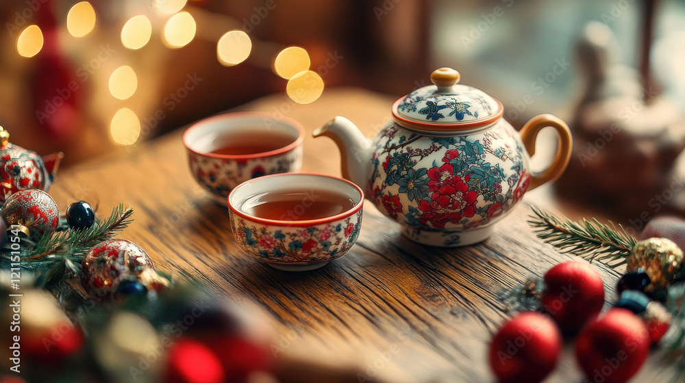Fototapeta premium Close-up of floral patterned teapot on red tablecloth with festive decorations