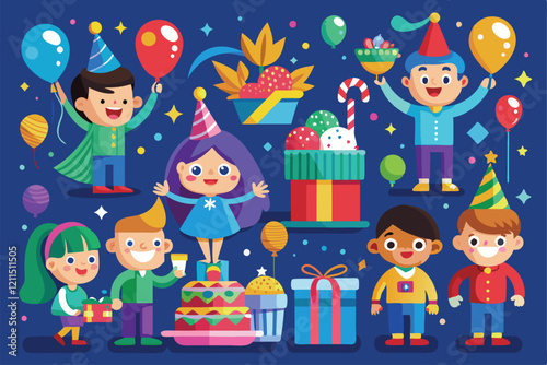 Children celebrate with balloons, gifts, and delicious treats during a fun holiday gathering Holiday and party celebration, Cartoon flat vector collection