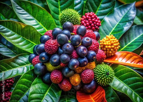 Deep night hues illuminate exotic fruits and Clausena leaves, vibrant seeds glistening. photo