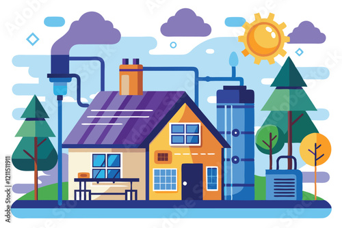 A modern home heating system is shown with a water heater, chimney, and sunny weather Home heating system,