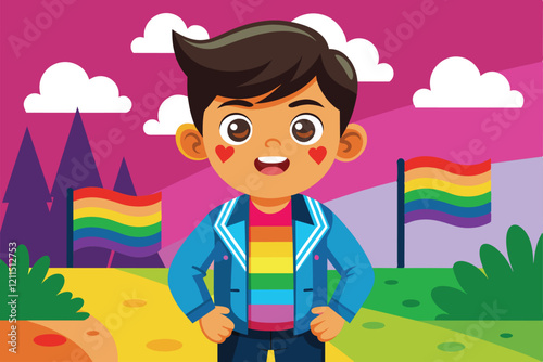 A cheerful boy showcases his pride in a colorful setting filled with rainbow flags Homophobic bullying Customizable Cartoon Illustration