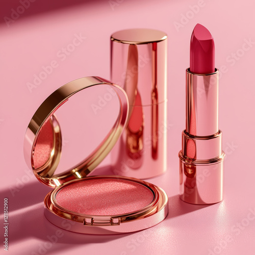 Luxurious set of cosmetic products featuring glossy lipstick and blush compact. elegant design and vibrant colors create stunning visual appeal for beauty enthusiasts