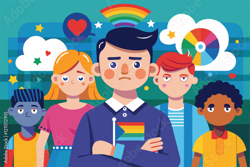 A group of students stands together, showing support against homophobic bullying and advocating for LGBTQ+ rights Homophobic bullying Customizable Disproportionate Illustration