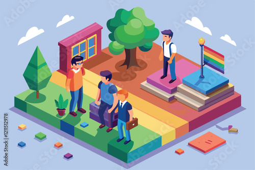 A diverse group of young individuals addresses homophobic bullying in a vibrant outdoor space Homophobic bullying Customizable Isometric Illustration