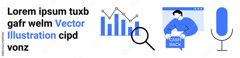 Bar chart with analytics lines, magnifying glass, person with cashback, and microphone. Ideal for business analysis, customer support, finance, market research, tech support, e-commerce, digital Bar chart with analytics lines, magnifying glass, person with cashback, and microphone. Ideal for business analysis, customer support, finance, market research, tech support, e-commerce, digital