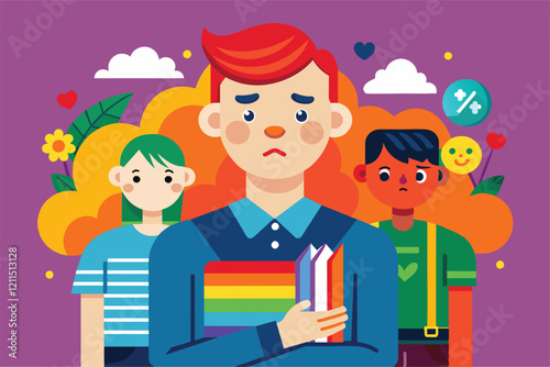 A student clutches a rainbow-themed book, showing visible sadness while surrounded by indifferent classmates Homophobic bullying Customizable Semi Flat Illustration
