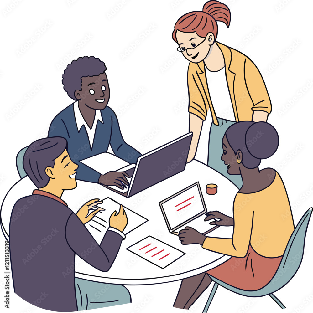 Partners meeting for business discussion with documents and laptop on desk. Couple at round table, speaking, discussing work, partnership. Flat vector on a white background Partners meeting for business discussion with documents and laptop on desk. Couple at round table, speaking, discussing work, partnership. Flat vector on a white background