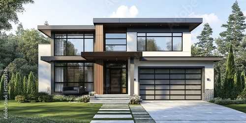 Modern Two Story House with Attached Garage and Landscaping