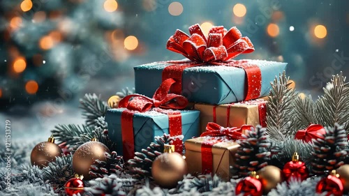 Beneath a beautifully decorated Christmas tree, an array of presents wrapped in vibrant red ribbons is arranged, contributing to the festive ambiance of the snowy holiday season