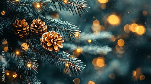 Vibrant holiday decorations beautifully adorn a majestic pine tree, featuring warm, glowing lights and charming pinecones, creating a delightful festive atmosphere that captures the spirit of winter