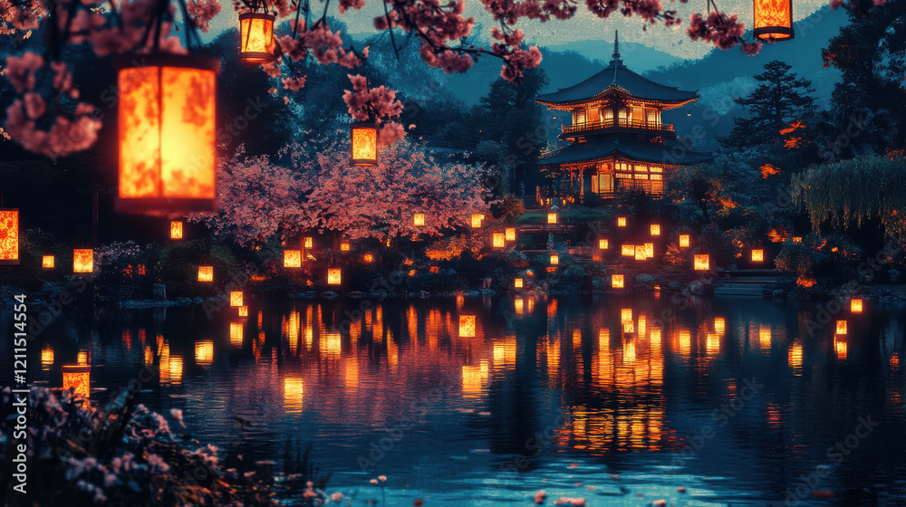 Obraz premium Riverside scene with floating lanterns, cherry blossoms, and temple in the distance