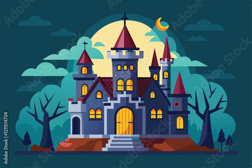A dark castle with pointed towers stands ominously under a glowing moon, framed by twisted trees and nighttime clouds Horror castle Customizable Flat Illustration